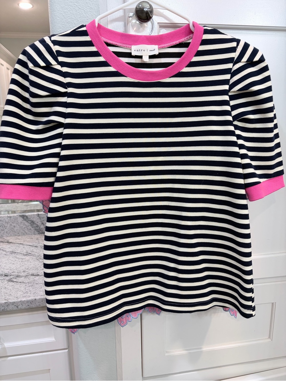 Womens Entro Navy & White Striped Top with Pink Trim